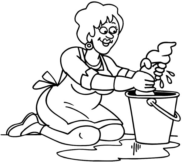 Lady cleaning floor with cleaning cloth and pail vinyl sticker. Customize on line.       Cleaning 023-0111  